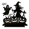 Solid Wood Halloween Sign Witch Wooden Table Centerpiece, Spooky Castle Black Cat Standing Decoration Tabletop Ornament for Party, Desk