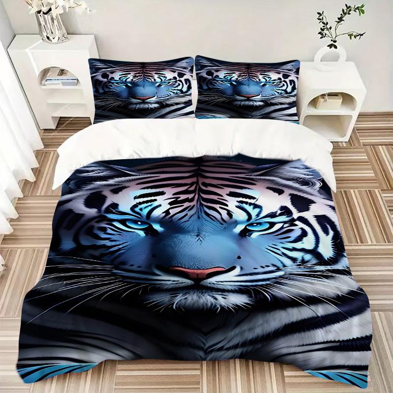 3pcs Tiger Print Bedding Set - 1 Duvet Cover + 2 Pillowcases(Core Not Included), Machine Washable Polyester Yy251216118