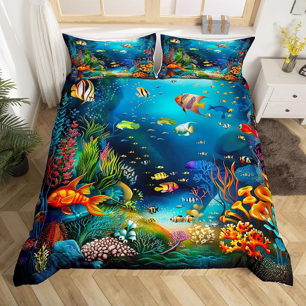 Ocean Life Duvet Cover Sets for Kids Teens Queen Size Lightweight Down Quilt Covers 2 Pillowcases 1 Comforter Cover No Comforter
