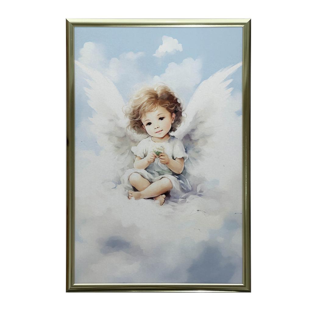 Charming Little Angel On a Cloud Charming Little Angel On a Cloud, 50X70 Cm, Light Oak Wooden Frame, Matte Paper 230 Gsm
