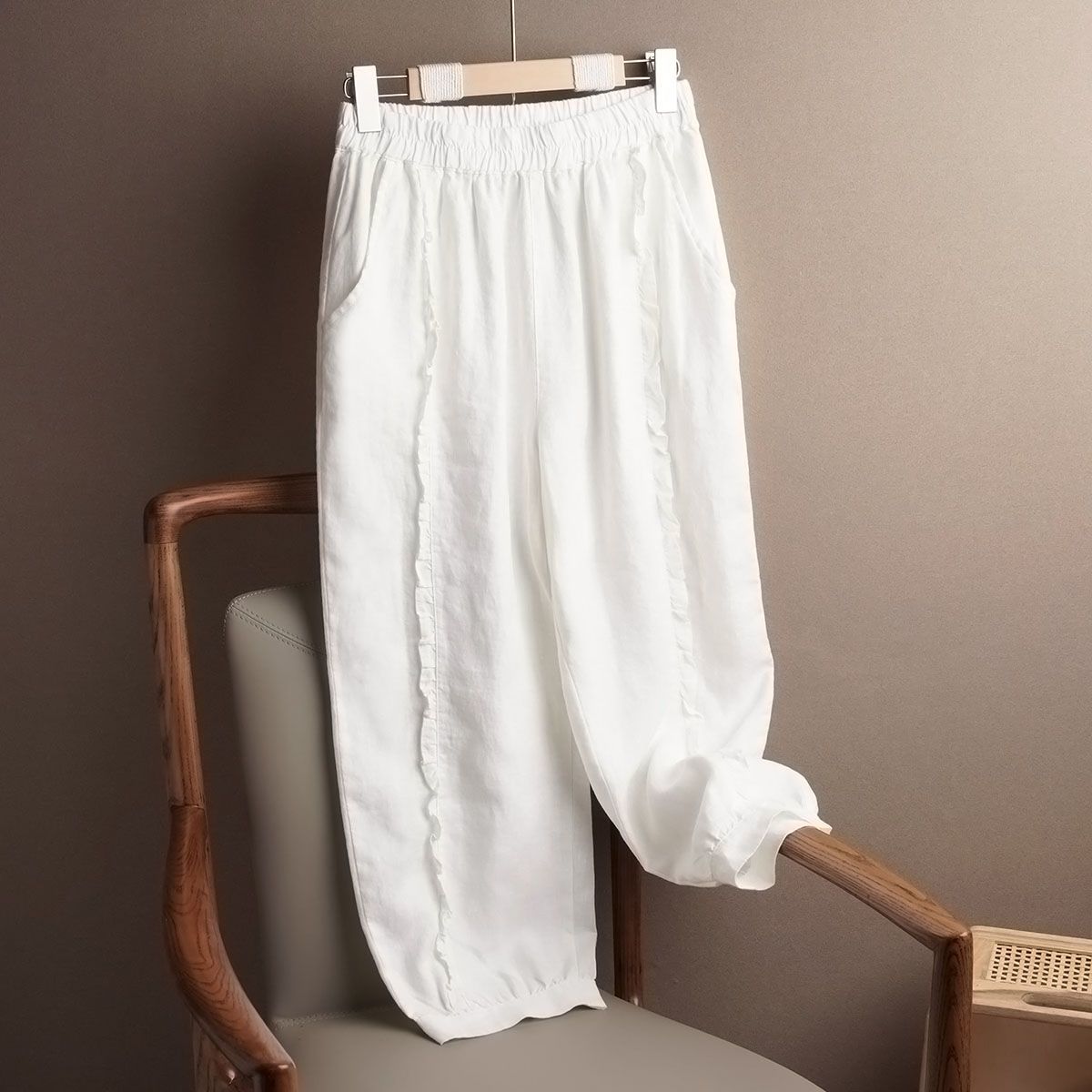 

Летние легкие хлопково-льняные повседневные брюки с кружевной отделкой Женские свободные брюки-кюлоты длиной девять минут с широкими штанинами Универсальные XL белый