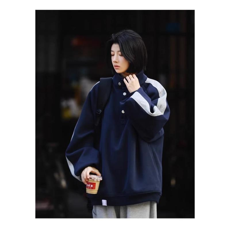 Loose Stand Collar Patchwork Retro Japanese Casual Pullover Sweatshirt Mens Workwear Outerwear