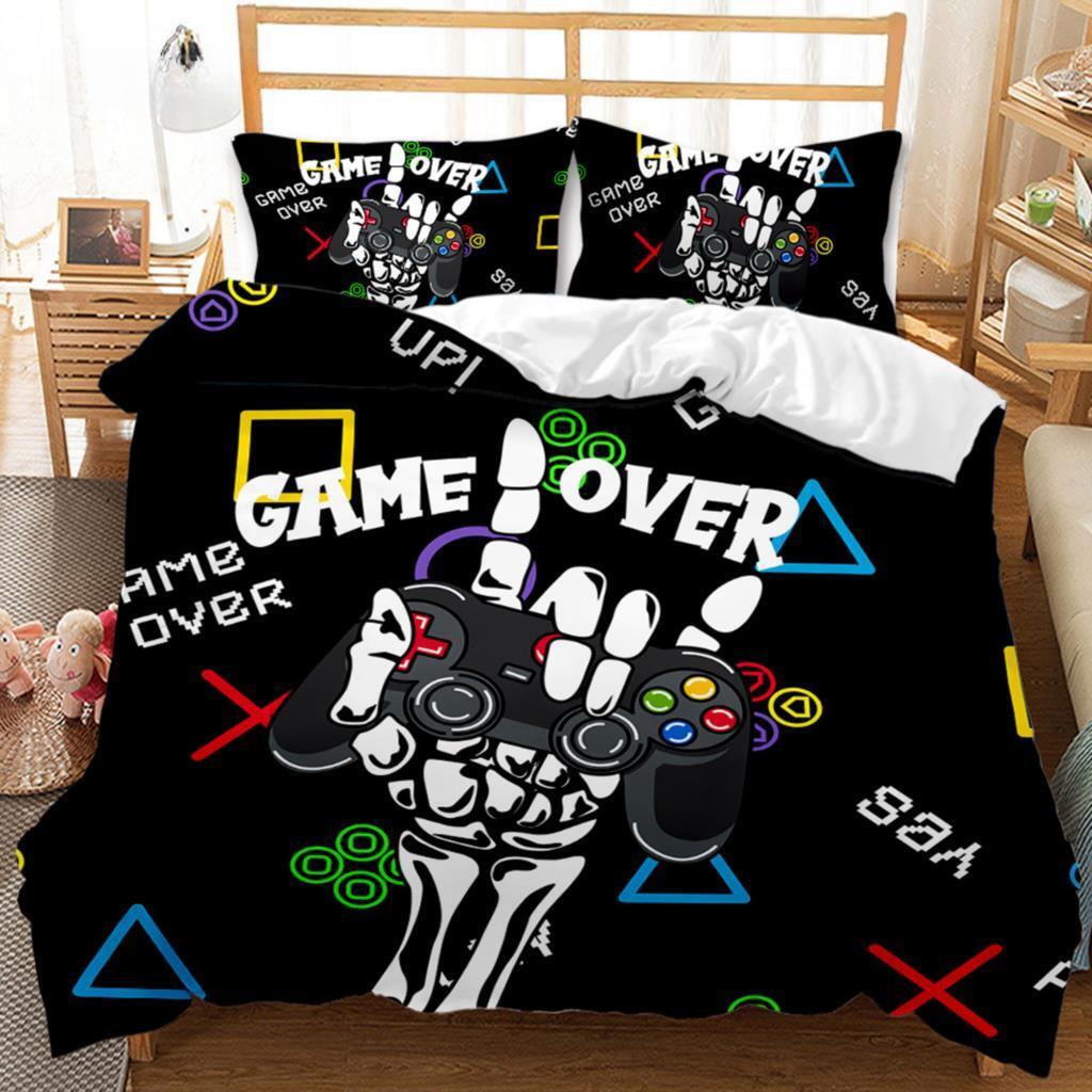 Conjunto de capa de edredom para jogos, caveira de açúcar, roupa de cama para jogadores, teia de aranha, capa de edredom de poliéster para Halloween, infantil, esqueleto de mão juvenil, controle de jogo