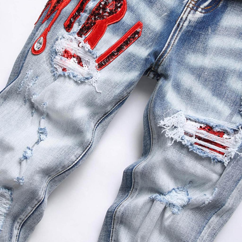 Džíny Street Youth Trendy Džíny Vyšívané Díra Strečové Úzké Nohy Pánské Džíny