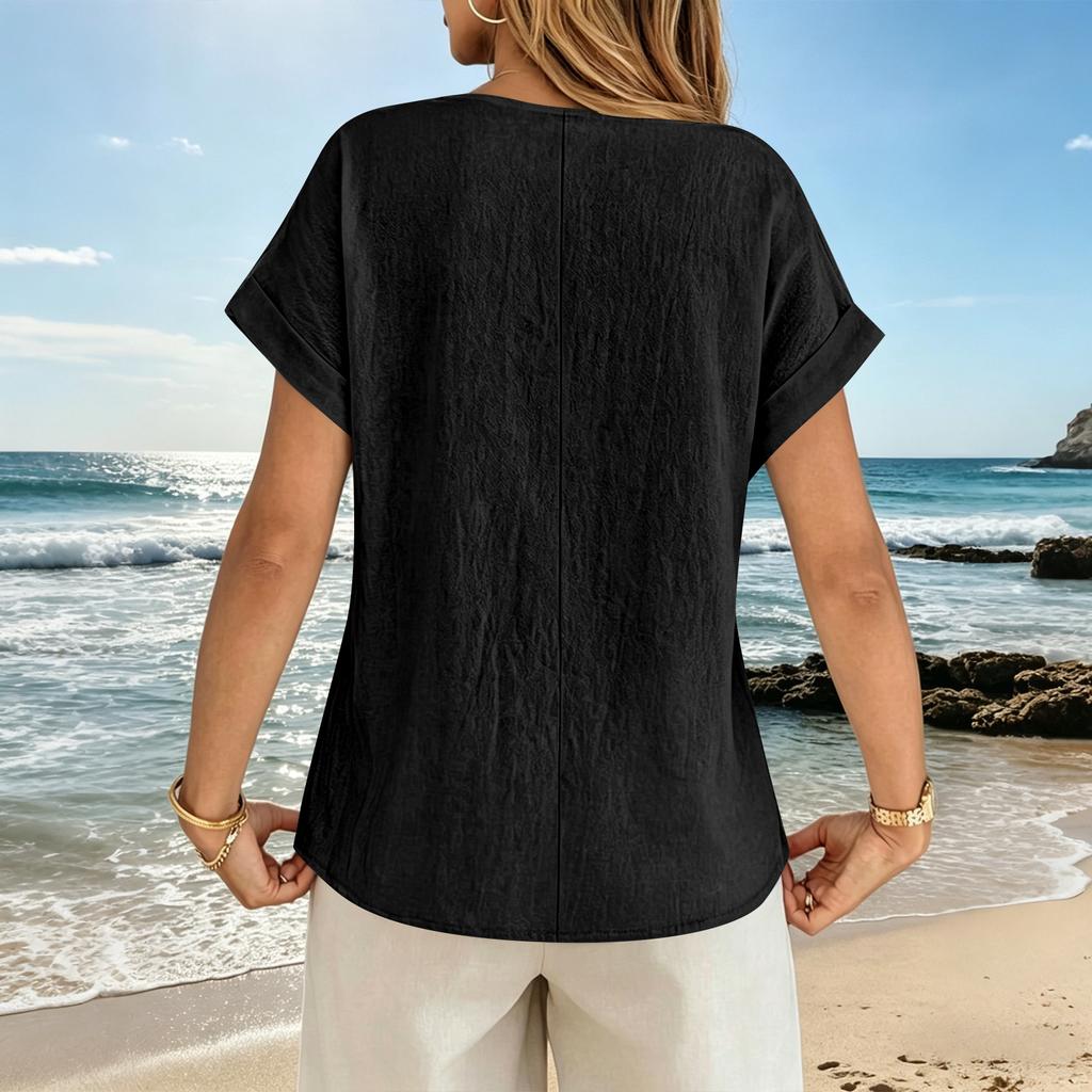 Womens Casual V Neck Short Sleeve Top Embroidered Bohemian Style Loose Fit Blouse Lightweight Summer Shirt for Daily Wear