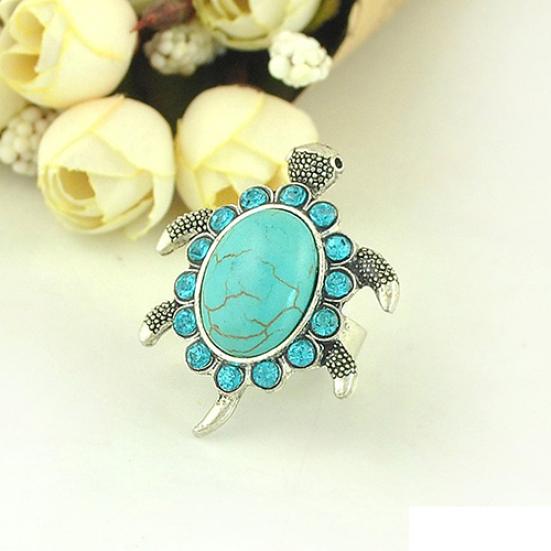 Women's Turquoise Tortoise Pattern Blue Rhinestone Inlaid Finger Ring
