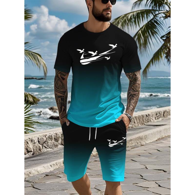 Men's Gradient Two-piece Summer Set with Short Sleeves Suitable for Casual Daily Wear, Lightweight and Breathable Short Sleeve S