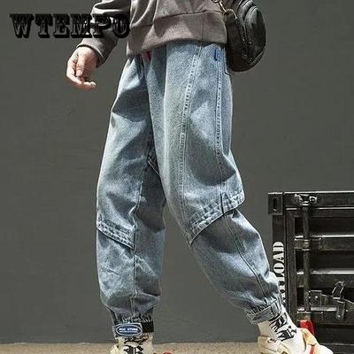 S-5XL Men's Spring and Autumn Overalls Plus Size Long Jeans Washed Loose Stitching Solid Color All-match Leggings Cropped Pants