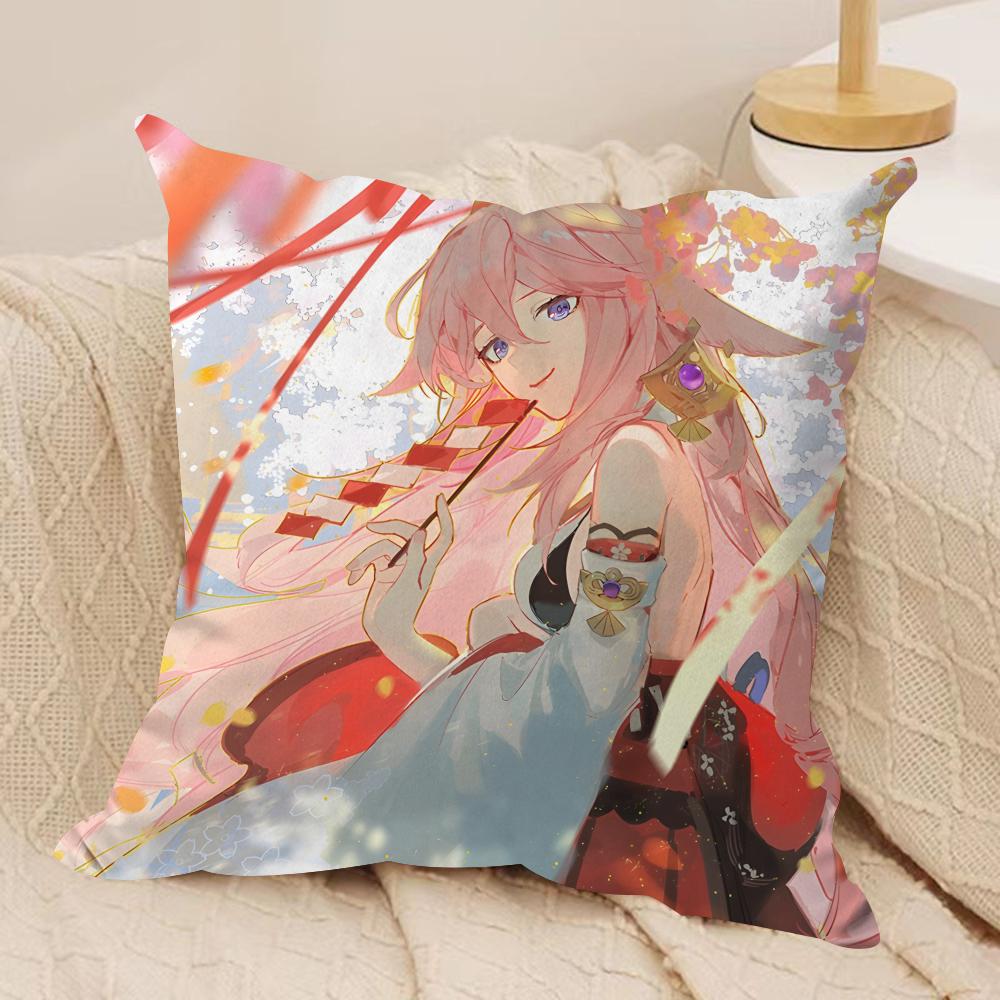 Yae Miko Genshin Impact Cushion Cover Silky Short Plush Invisible Zipper Dustproof Sofa Pillow Case For Home Decor