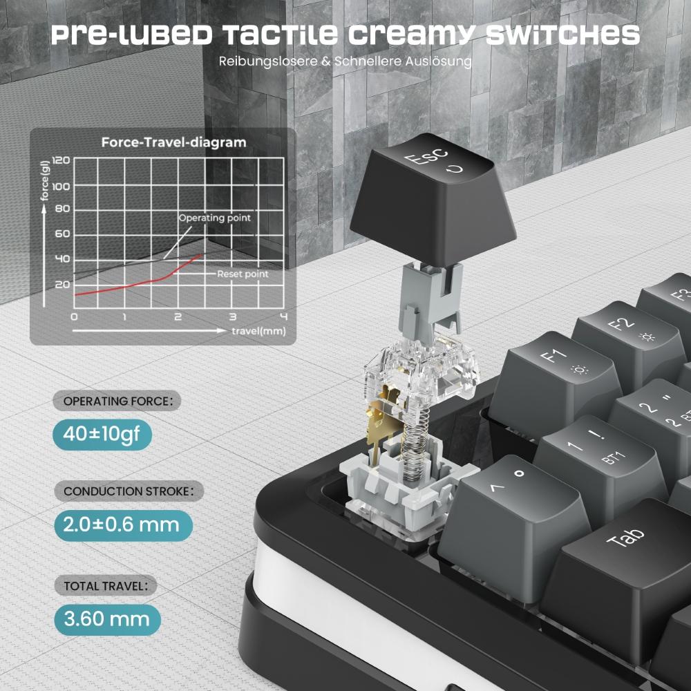 Redragon K681GB-PRO-DE Tri-mode Mechanical Keyboard, RGB Dragon Roar Switches, Hot-swappable, 4000mAh Battery, with Knob and Black/Gray Keycaps