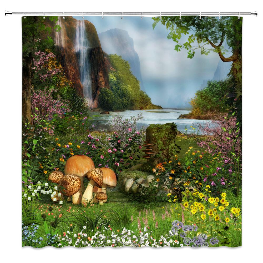 Natürliche Landschaft Duschvorhänge Wasserfall Grüne Wiese Blume Frühling Landschaft Badezimmer Dekor Wasserdichtes Stoffvorhang-Set