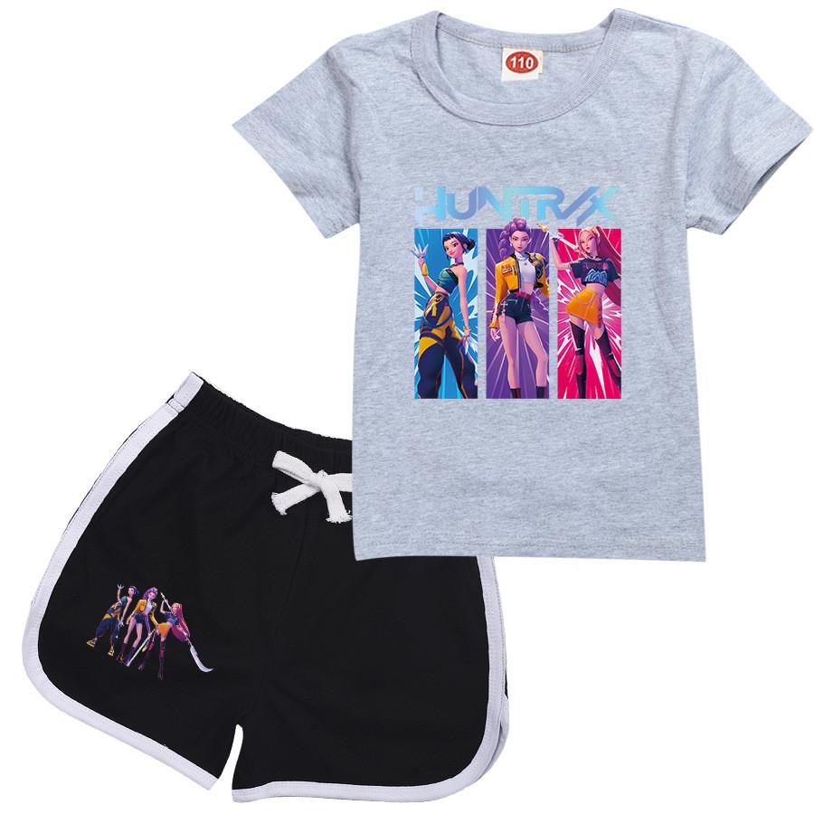 Kids Girls Anime Cartoon POP Singer Rumi Zoey Mira Printed Casual Short Sleeves T-Shirt Shorts Clothes Set