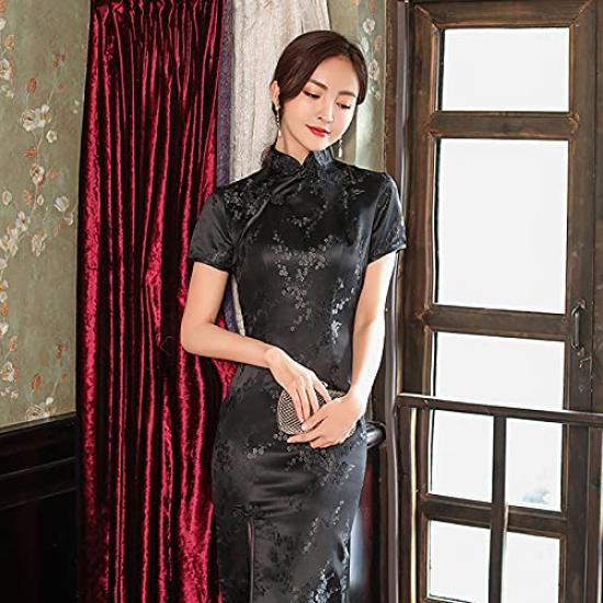 TRTRO Long Embroidered Cheongsam Ethnic Elegant Upgrade Print Size Women's Dress, Qipao, Fashion, (Plum Black, XL)