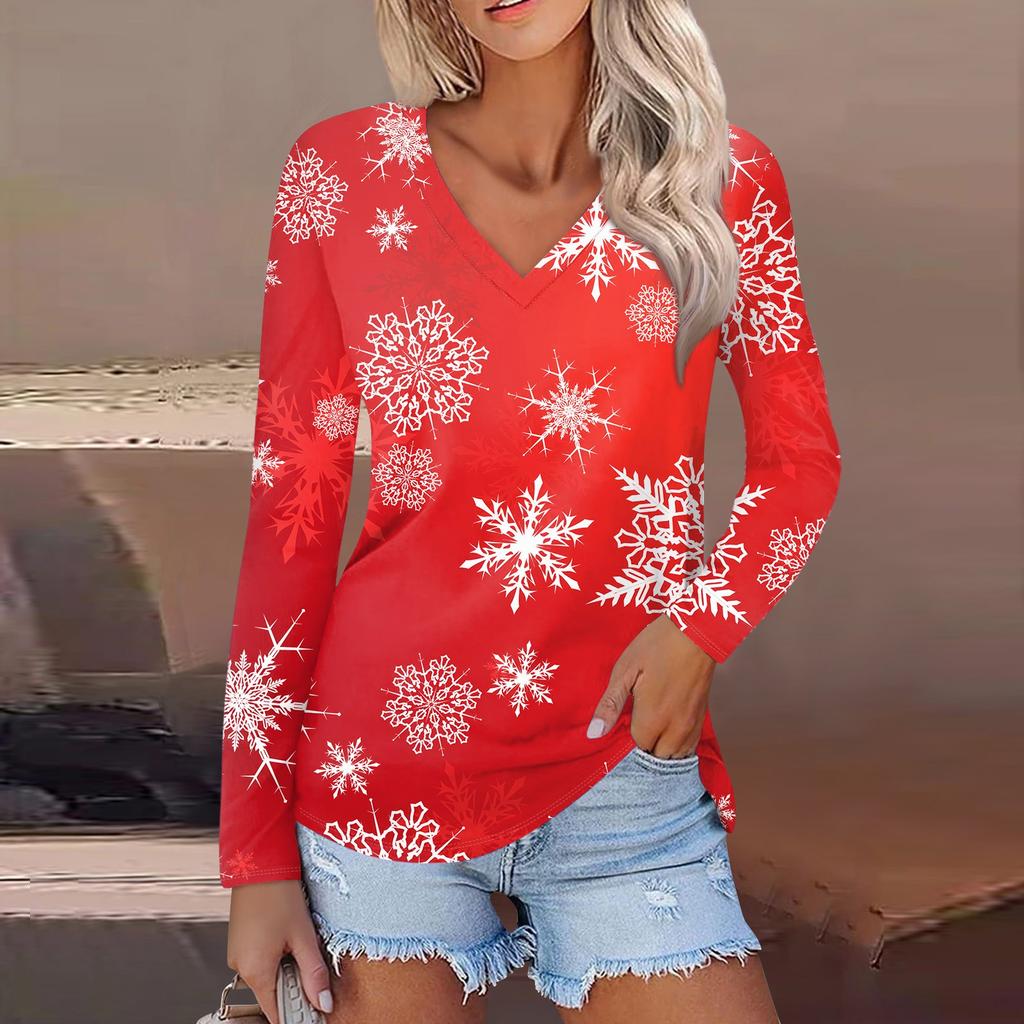 Women's Casual Fashion Sexy Comfortable Christmas Printed V-Neck Long Sleeve Top