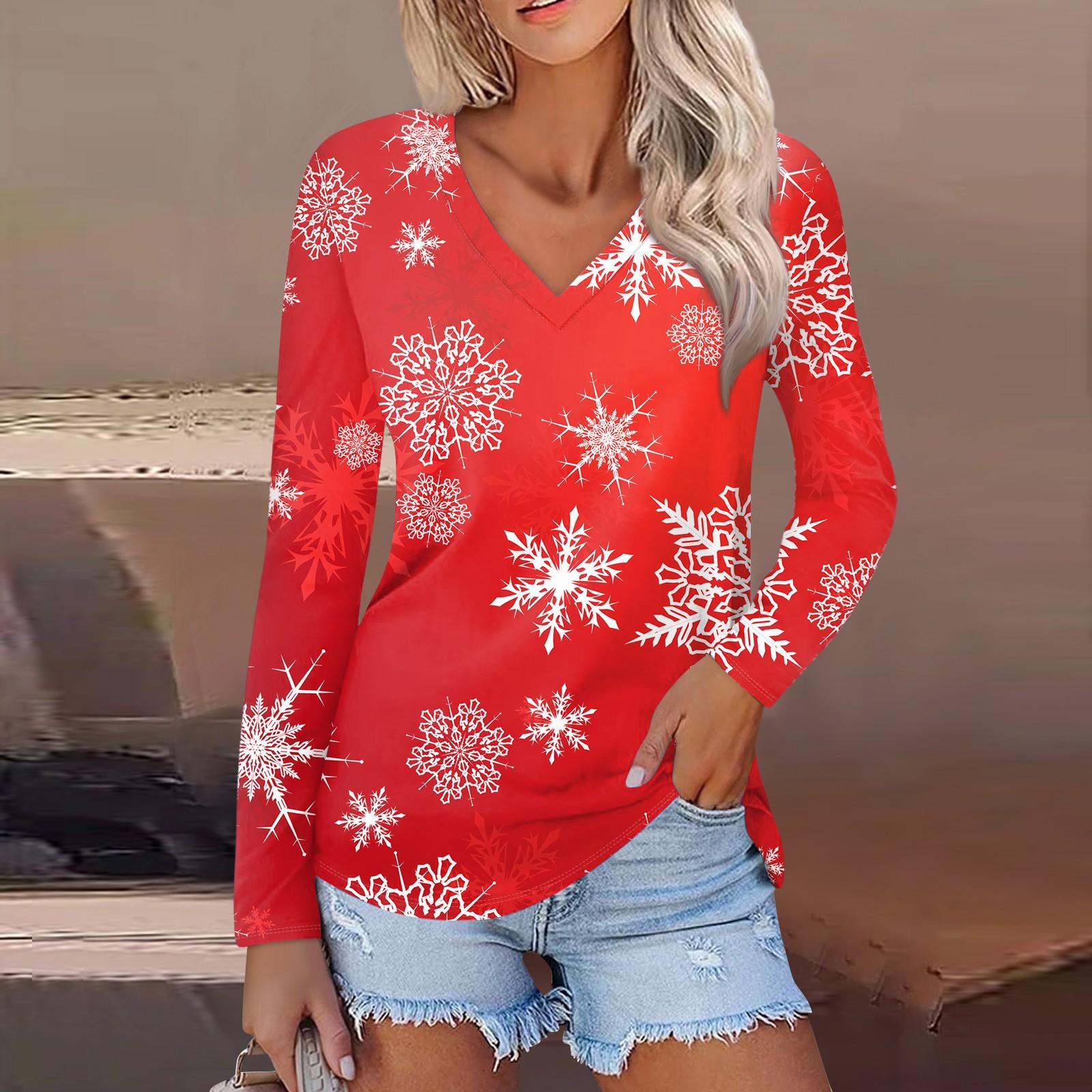 

Женский повседневный модный сексуальный удобный рождественский принтованный топ с V-образным вырезом и длинными рукавами XL красный