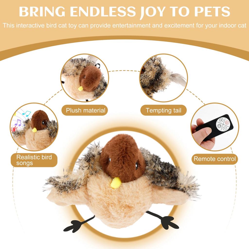 Interactive Cat Toys USB Rechargeable Simulation Chirping Flapping Sparrow Bird Touch Activated Plush Toys with Remote Control