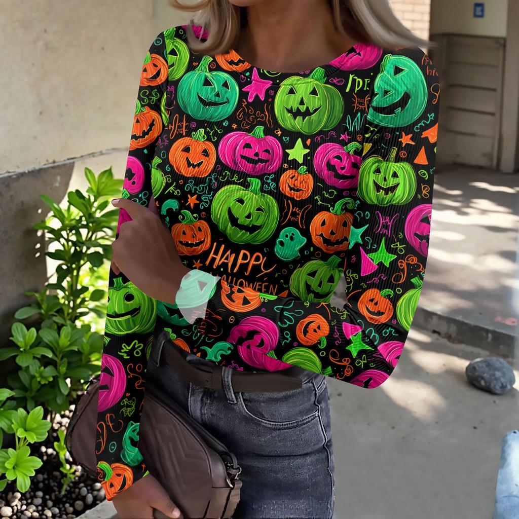 Women's Casual Long Sleeve Ribbed Knit Top Halloween Pumpkin Print Crew Neck Slim Fit Shirt for Fall Seasonal Wear