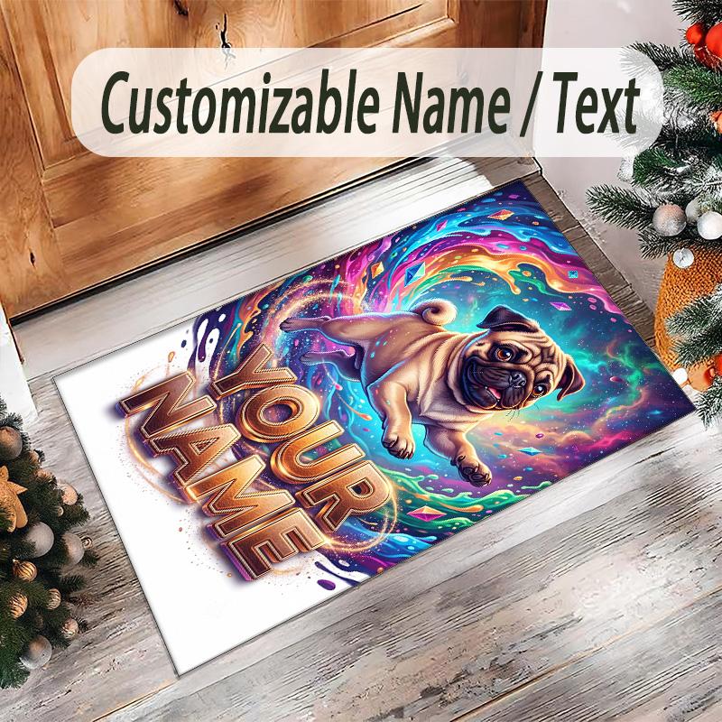 Pug Theme Crystal Velvet Floor Rug Personalized Custom Name Text Warm Carpet Home Decoration