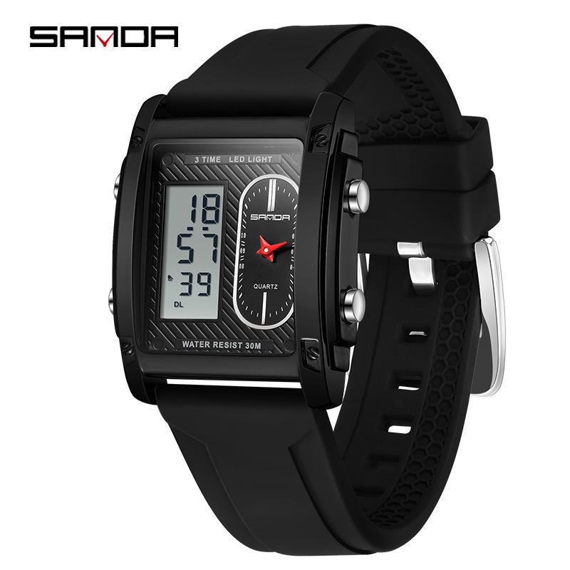 SANDA Men s Multifunction Square Silicone Strap Waterproof Dual Display Watch