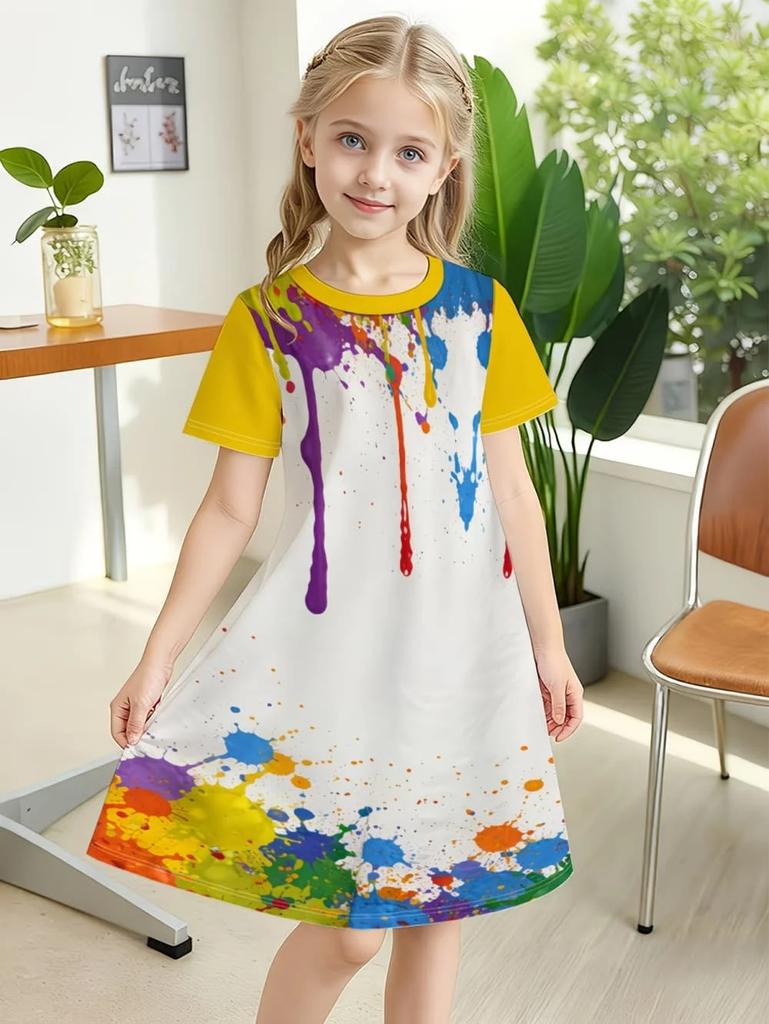 Toddler Girls Fantasy Cartoon Pattern Gown Summer Lightweight Short Sleeve Round Neck Dress Outdoor Holiday Birthday Elegant