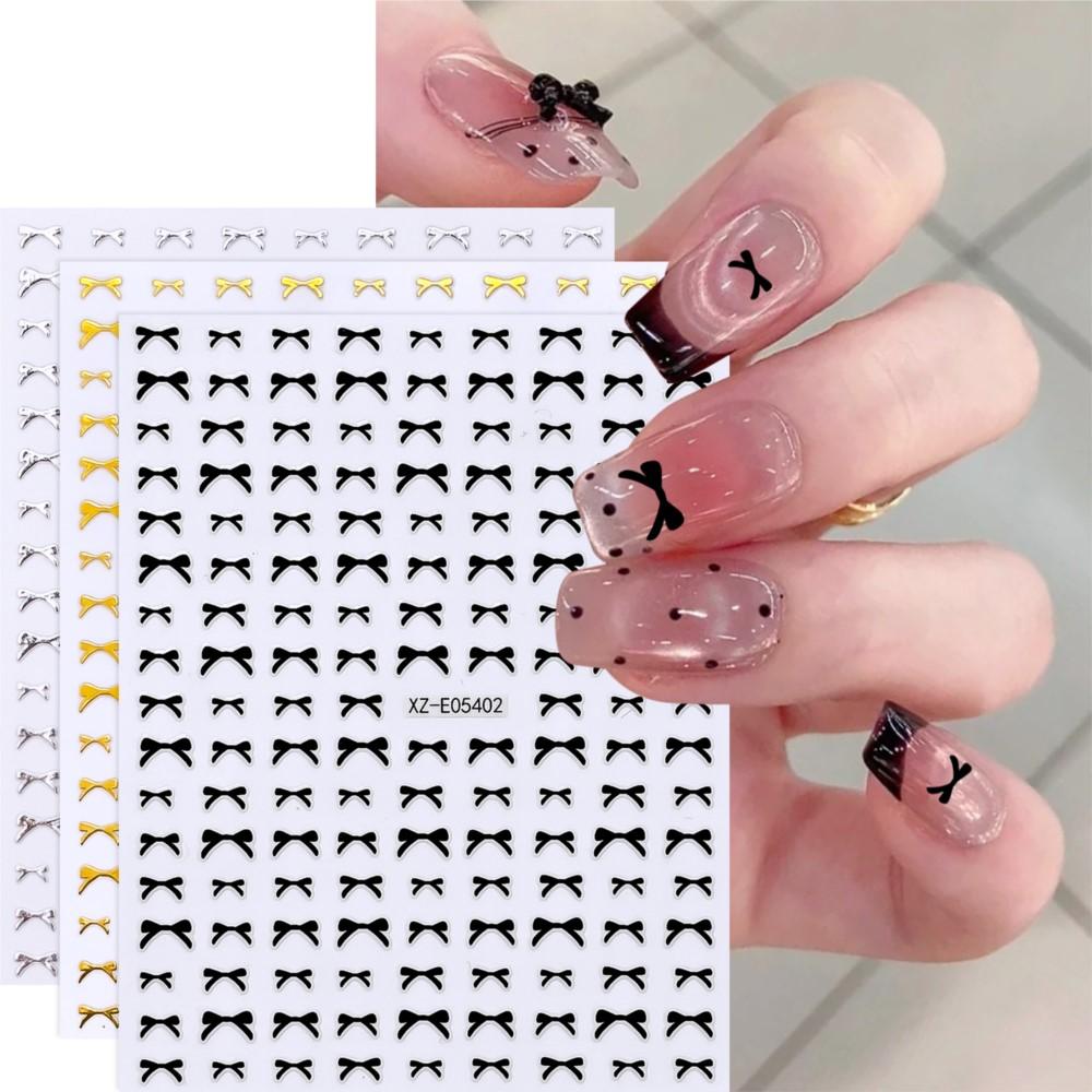 3PCS Cute Mini Bowknot Nail Stickers 3D Black Gold SilverSweet Ribbon Nail Decals Self‑Adhesive Bow Nail Slider Supplies 8*10cm