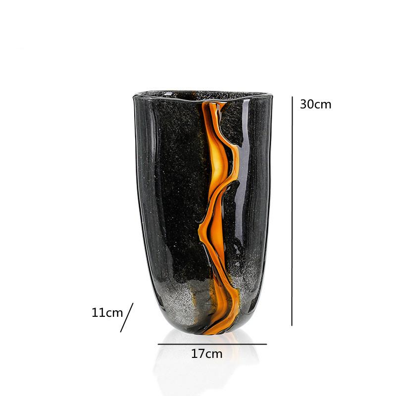 Black Glass Vase, Orange Water Patterned