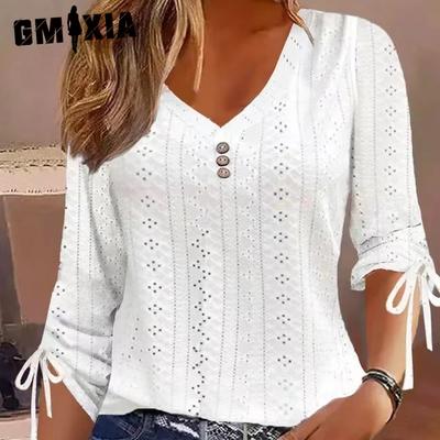 Women's Fashion Casual Summer Solid Color Print Long Sleeve V-Neck Jacquard Button Loose Blouses & Shirts