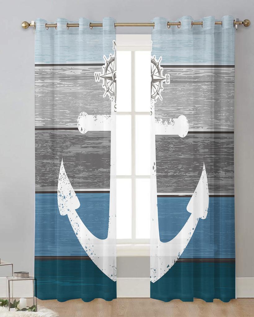 Vintage Farm Barn Wood Grain Anchor Blue Sheer Curtains for Living Room Decoration Window Curtains Kitchen Tulle Voile Curtains