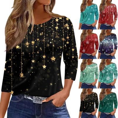 Dámske módne ležérne tričko s okrúhlym výstrihom, kvetinovou potlačou a trojštvrťovými rukávmi