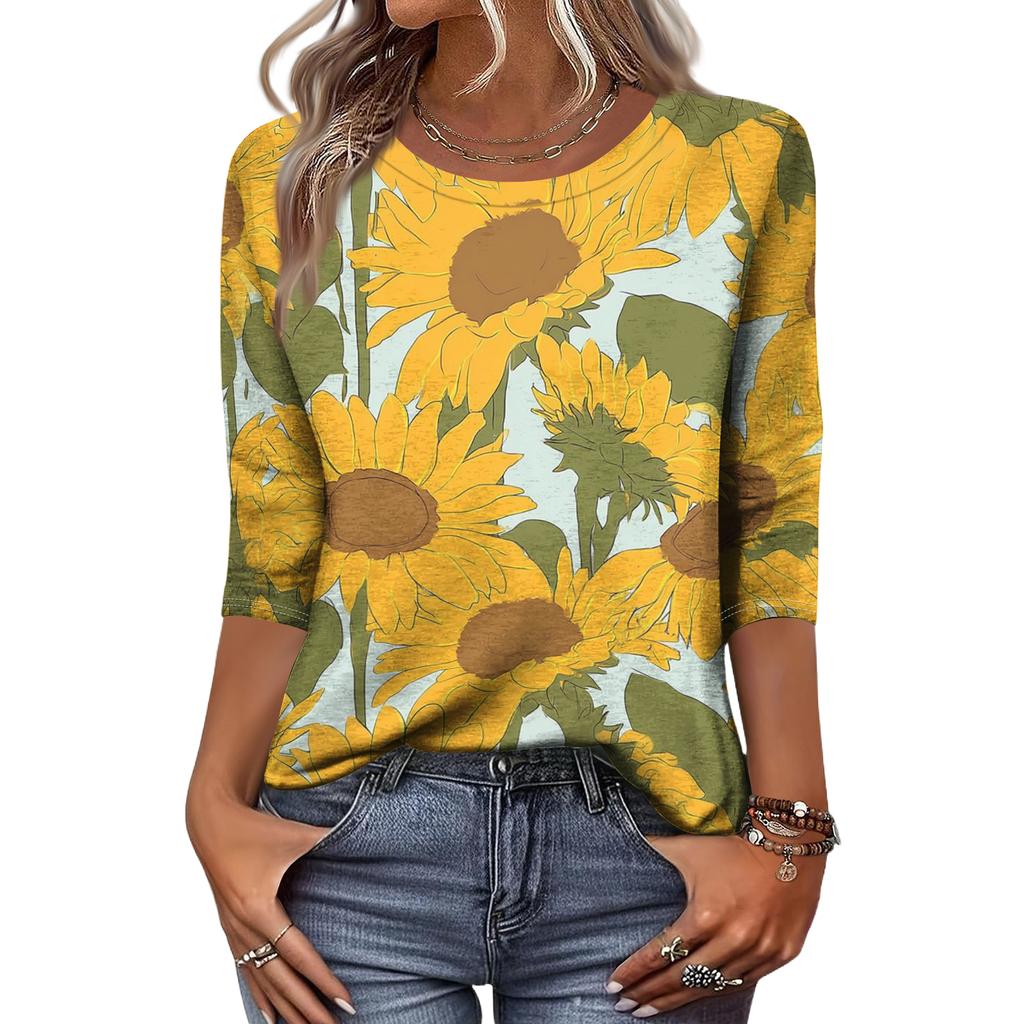Women's Fashion Casual Round Neck 3/4 Sleeve Loose Printed T-Shirt Ladies Top