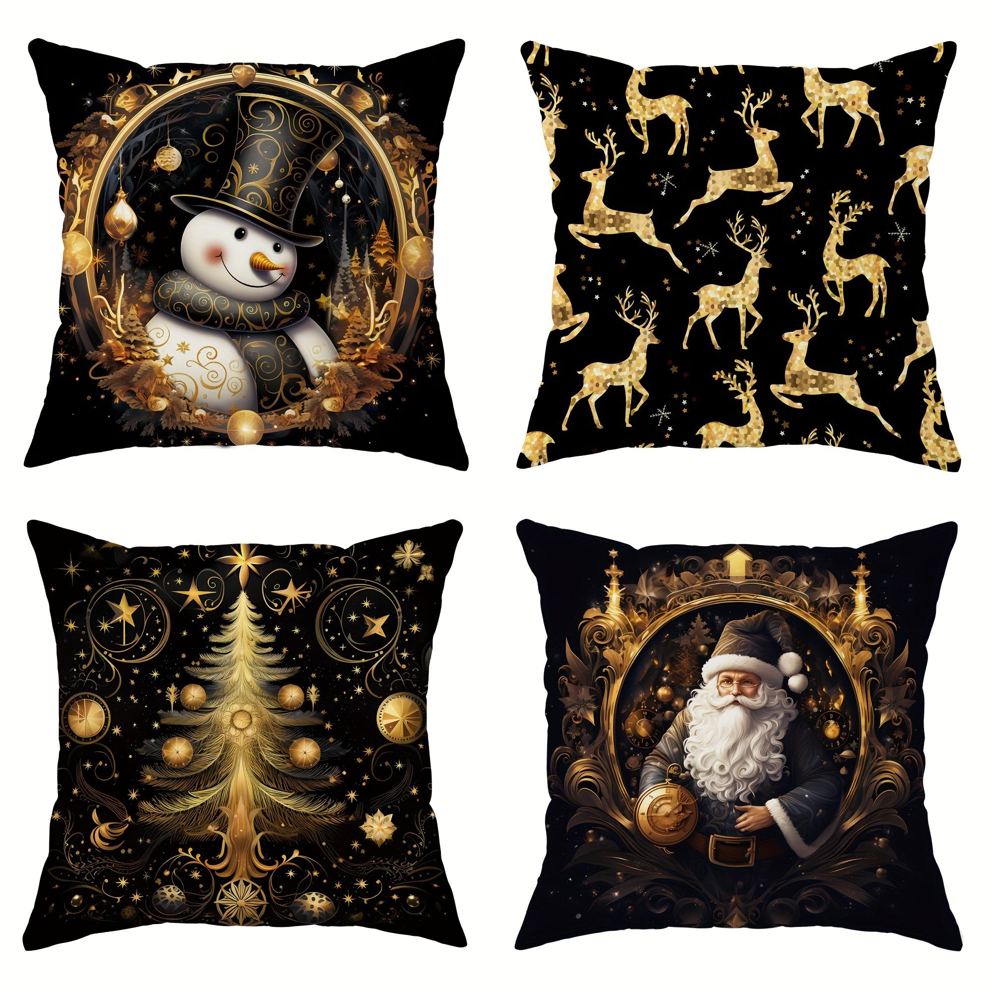 4pcs Christmas Winter Snowman Reindeer Santa Christmas Tree Throw Pillow Covers Holiday Luxury Black Gold Decorative 4PCS