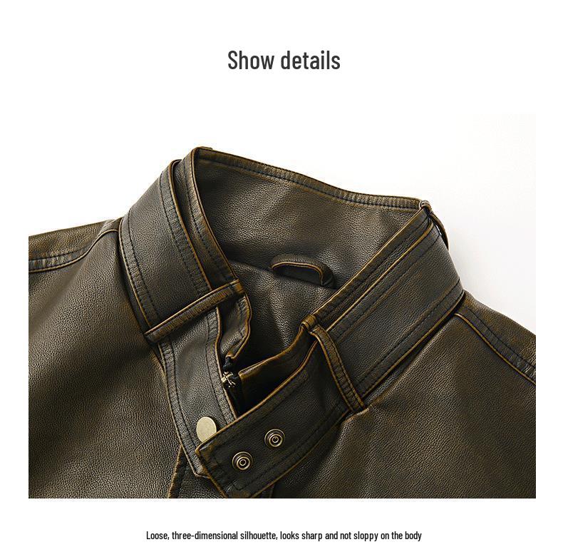 Men's Retro Cool PU Leather Bomber Jacket with Buckle Stand Collar