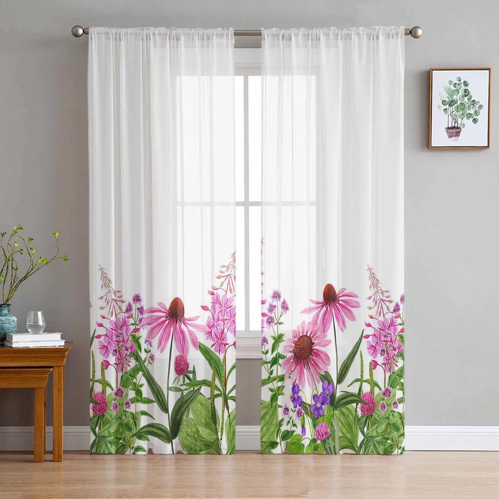 Plants Flowers Leaves Curtain Window Tulle Living Room Bedroom Kitchen Chiffon Treatment Decorations Curtains Light Filtering Made Of Polyester Area
