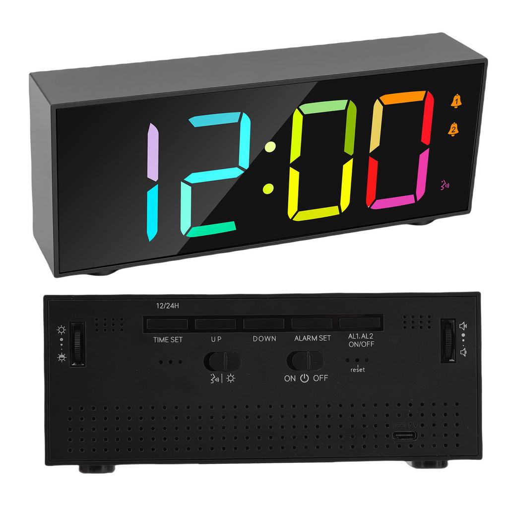 Electronic Desktop Alarm Clock 12 24 Hour LED Display Adjustable Volume RGB Dynamic Screen Alarm for Bedroom Black