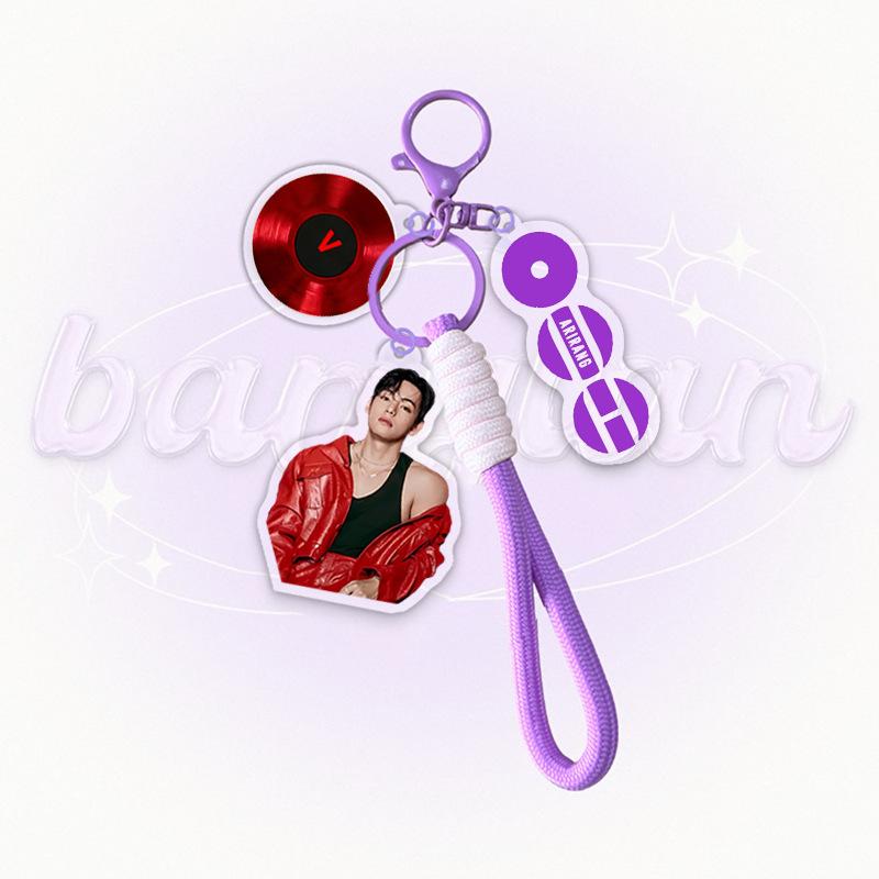 BTS Member Photo Acrylic Keychain with Purple Braided Strap, Bangtan Boys Vinyl Disc Charm Keyring, Kpop ARMY Fans Bag Accessory