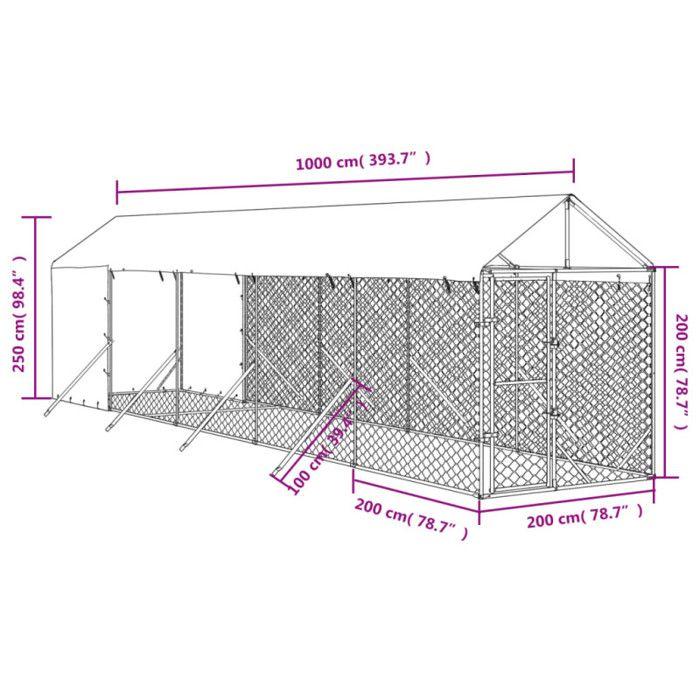 VidaXL Chenil d'extérieur pour chiens avec toit argenté 2x10x2,5 m, chenil pour chiens, cage pour chiens, cage pour animaux 3190492