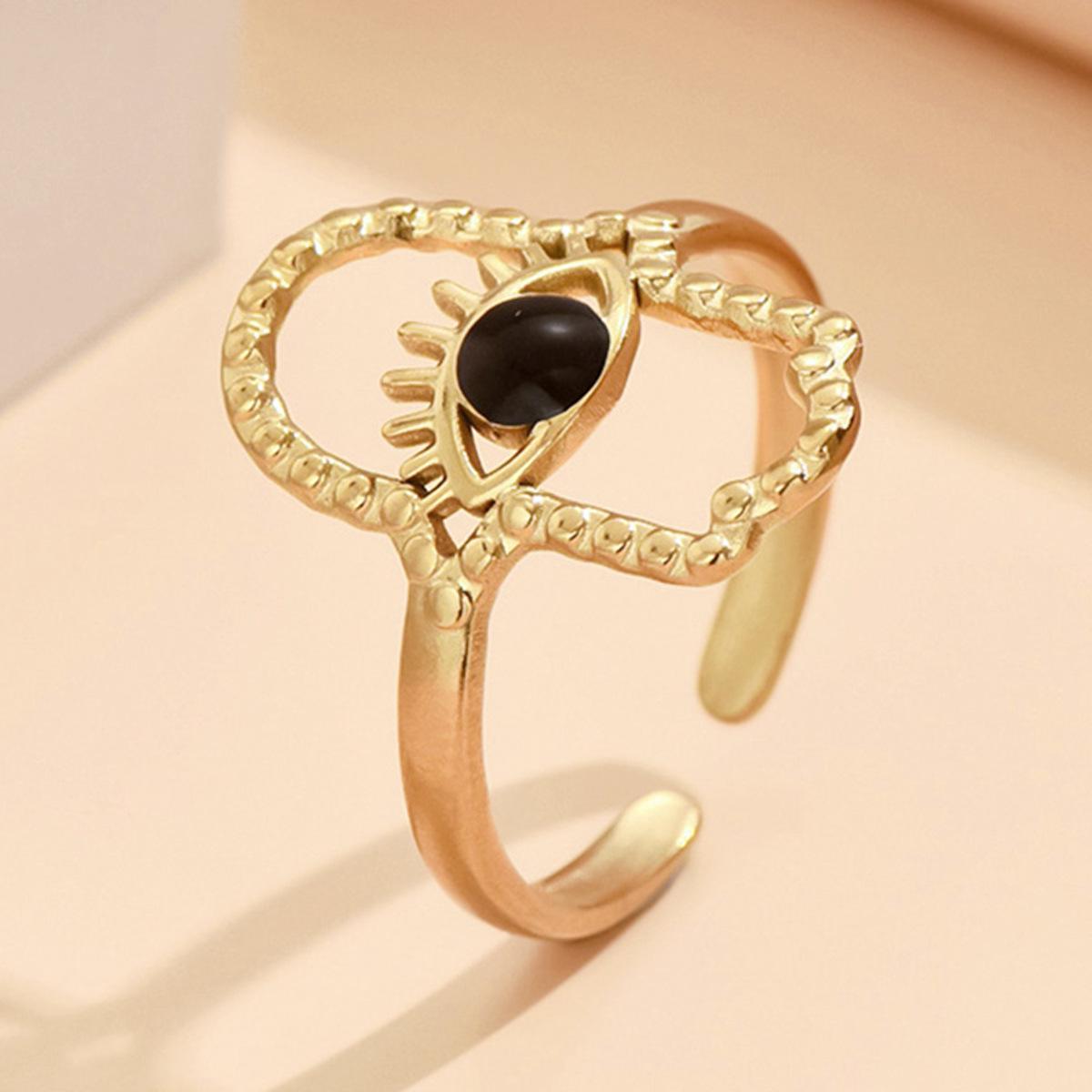 European Retro Ethnic Adjustable Eye Ring: Black  White Enamel, Gold-Plated Stainless Steel
