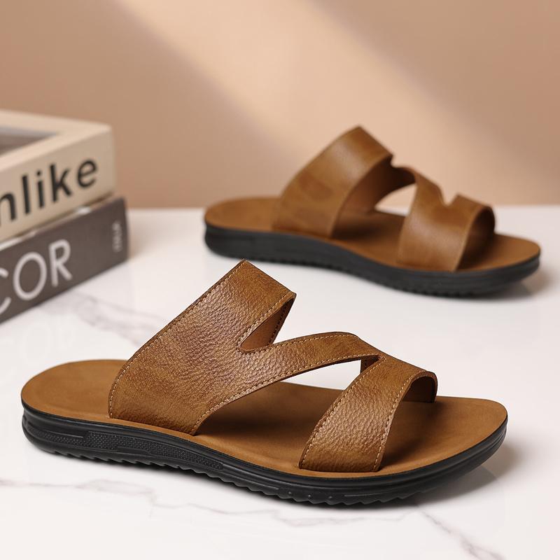 Fashion All-match Summer Men's Slides Simple Man Casual Leather Beach Shoe Non-slip Casual Slippers Outdoor Sandalias Garden Half Drag