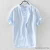 Men's Short-Sleeve Stand Collar White Linen Shirt, Casual Loose Fit, Lightweight Summer Cotton.