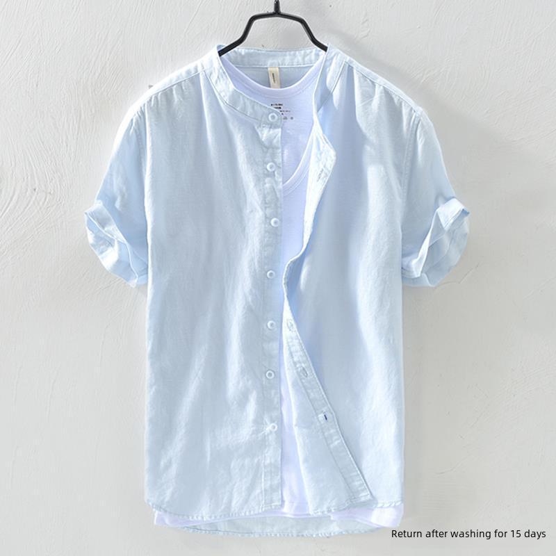 Men's Short-Sleeve Stand Collar White Linen Shirt, Casual Loose Fit, Lightweight Summer Cotton.