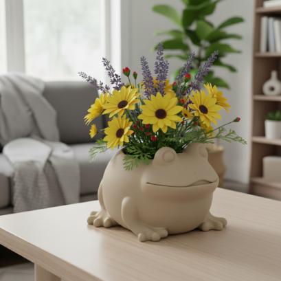 Beige Decorative Pot for Plants In the Shape of a Frog, Modern Design
