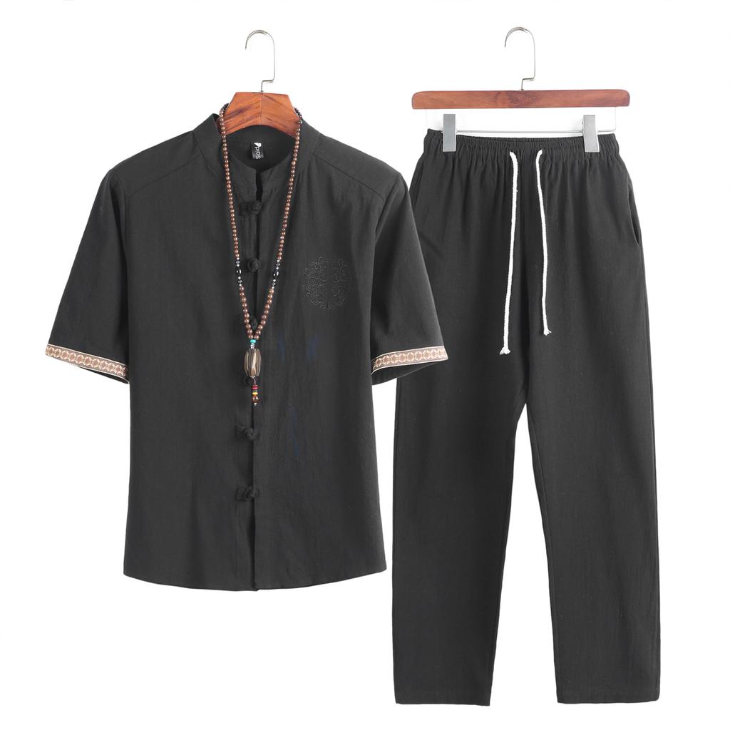 Mens Linen Sets Summer Men Streetwear Jogger Shirts+Long Pants Male Chinese Style 2 Pieces Hanfu Tracksuit Tang Suit