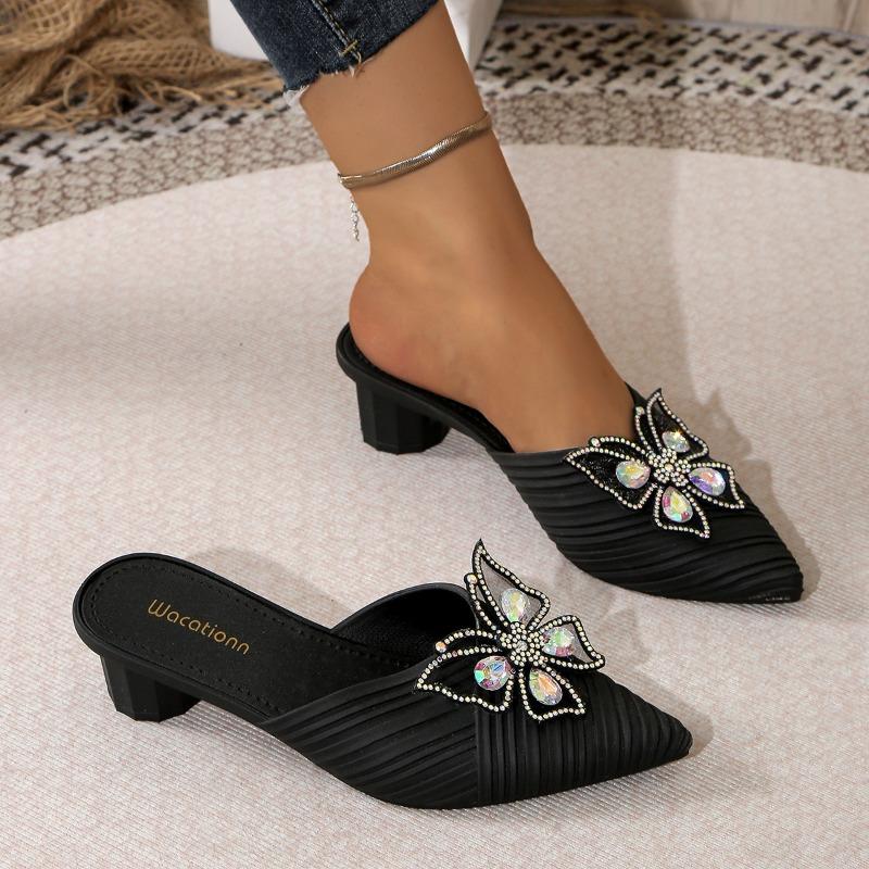 

Fashion Women s Baotou Slippers Spring New Pointed Head Shallow Mouth Rhinestone Butterfly Knot Anti-slip Wear-resistant High Heels 36 чёрный