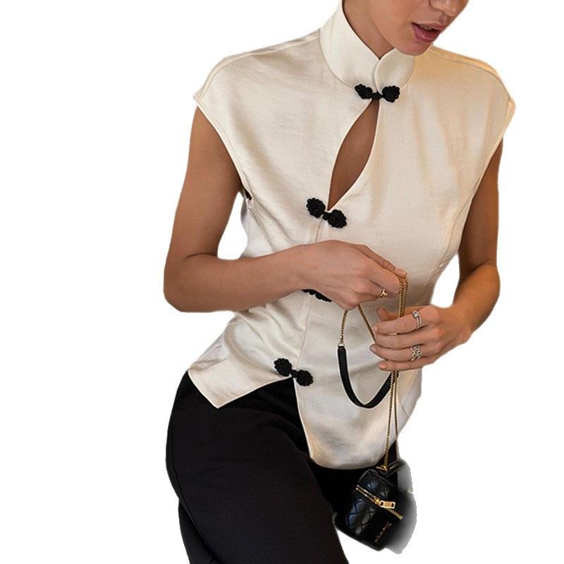 New Chinese Stand-up Collar Disc-buckled Sleeveless Top, Improved Cheongsam Waist Short Vest, National Style Commuter Satin Shirt