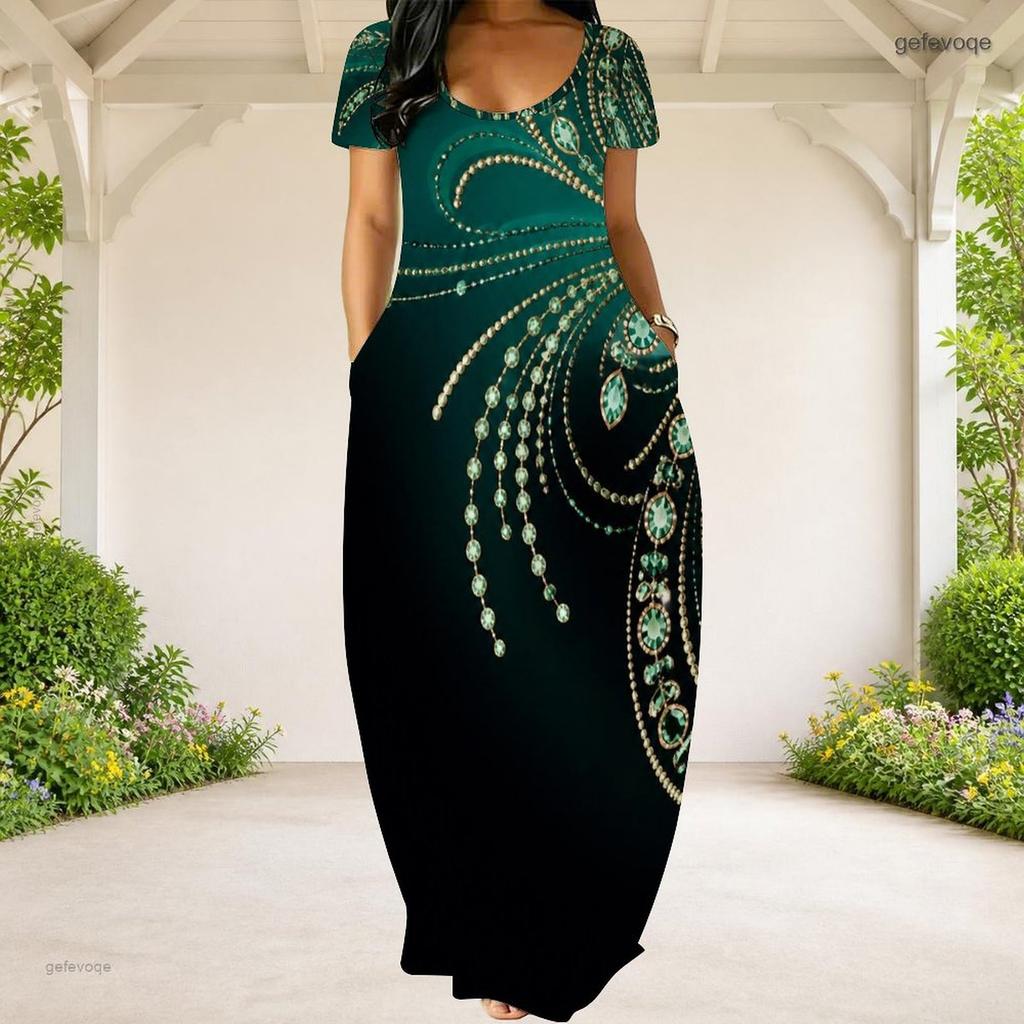 Women Plus Size Round Neck Short Sleeve Printed Green Black Loose Maxi Dress With Side Pockets