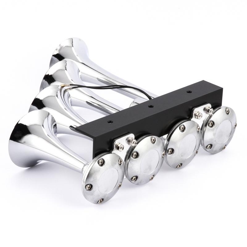 Bocina de Aire para Coche Súper Ruidosa de 135db y 12V con 4 Tubos Trompeta para Camión/Tren/Barco (Negro / plata)