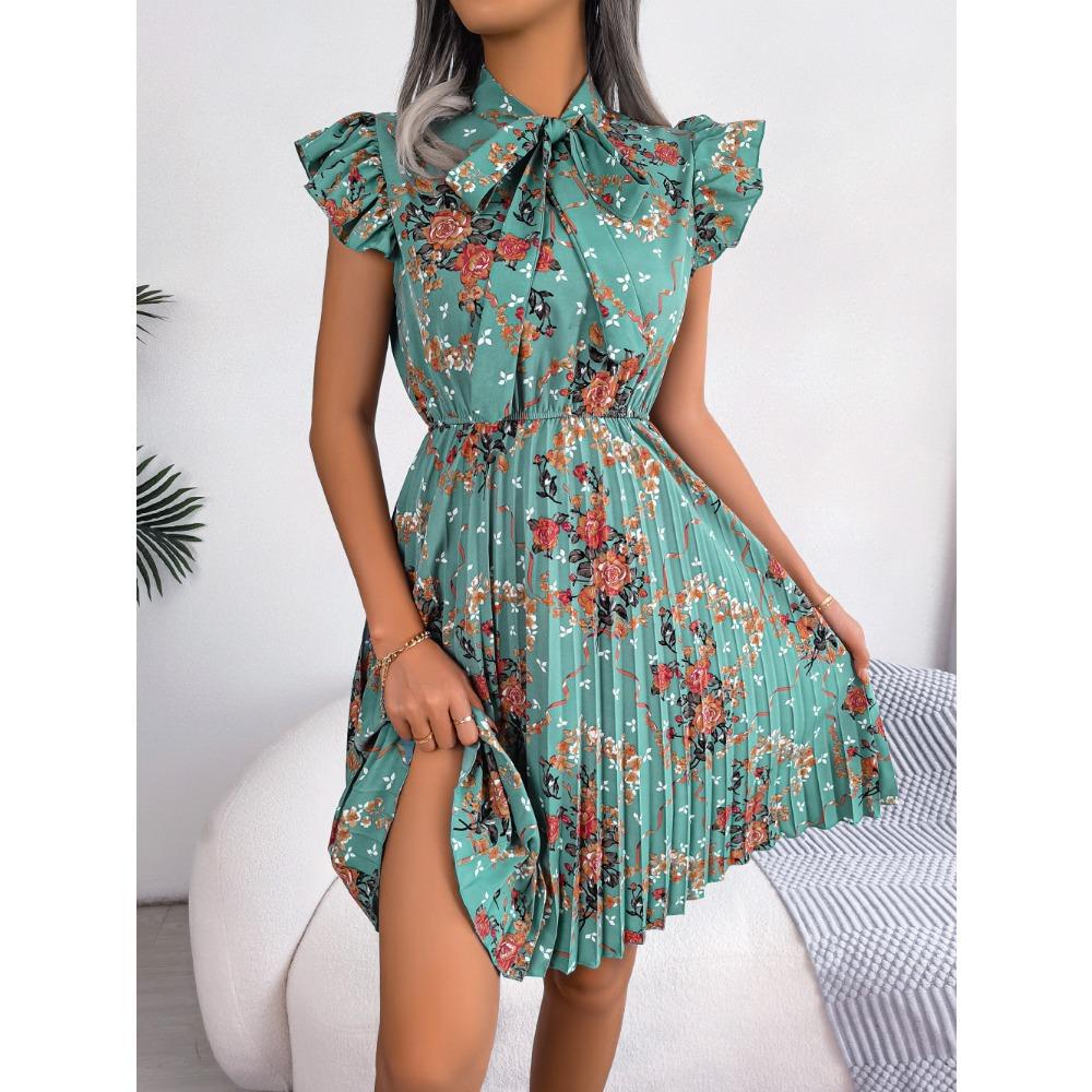 Spring and Summer Temperament Flower Tie Waist Large Swing Pleated Skirt Ladies Fashion Dress Loose Medium Long Skirt