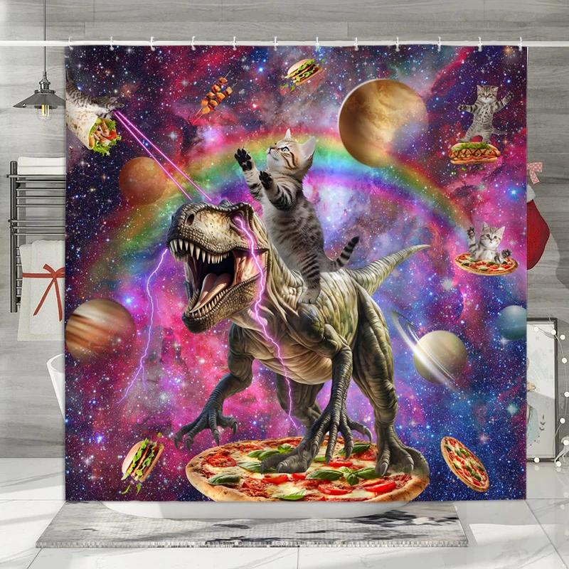 Funny Unicorn Dinosaur Kids Shower Curtain Cute Cartoon Animals Rainbow Galaxy Space Planet Cool Boys Girls Bathroom Decorative