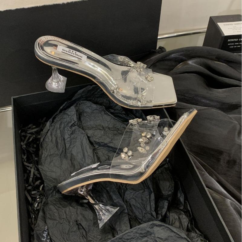 Fashion Transparent Heeled Sandals Women 2025 Summer New Fashion Square Head with Rhinestone Crystals High-heeled Slippers Women Shoes
