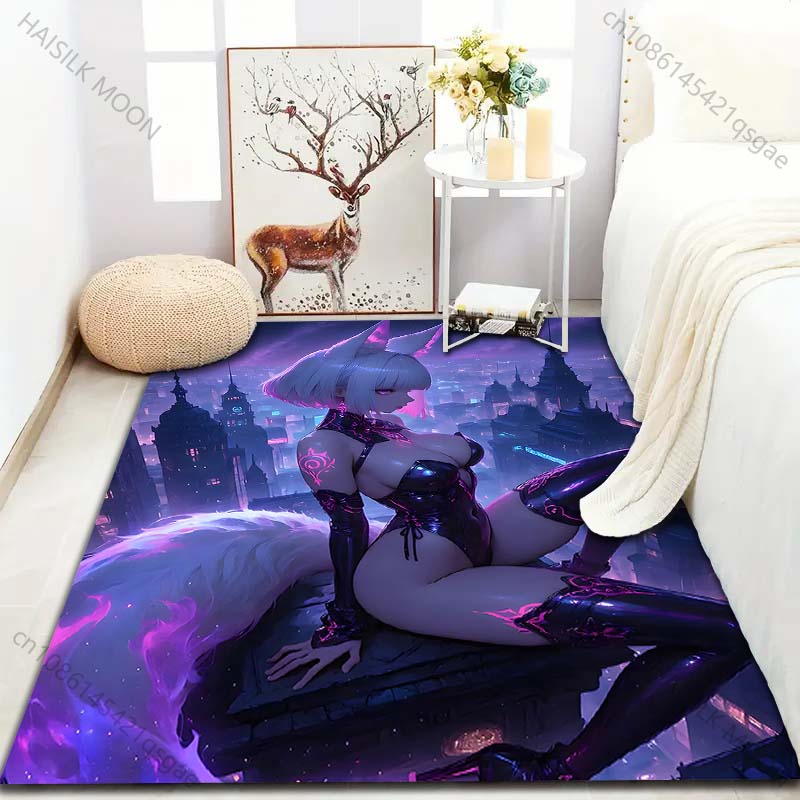 1PC Night City Fox Girl Pattern Rug Carpets for Bedroom Living Room Sofa Mat Creative Door Mat Cloakroom Home Decor